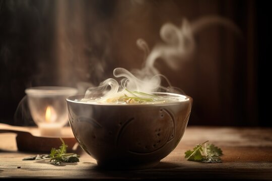  A Steaming Bowl Of Soup On A Table With A Lit Candle.  Generative Ai