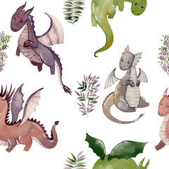 Watercolor seamless pattern with cute dragons and leaves. Hand drawn illustration.