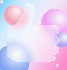 Creative glassmorphism illustration design with thumbs up transparent frame and floating spheres template