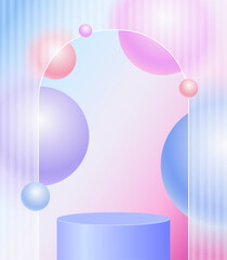 Creative glassmorphism illustration design with transparent frame, colorful floating spheres and podium for presentation