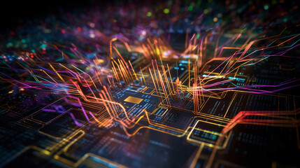 A colorful computer microchip with light flowing around it, emphasizing technological advances in a beatiful way - Generative AI