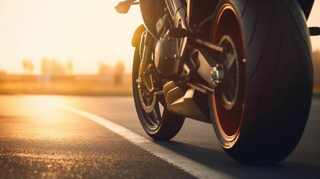 close-up of a rear tire of a sport bike on asphalt track, accelerating, natural sunset light, blurry background, Generative IA