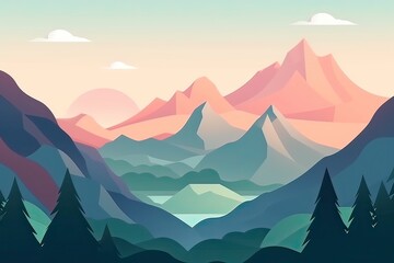 Abstract landscape poster. Nature wall decor contemporary art print, mid century mountain background. Vector illustration. Generative Ai.