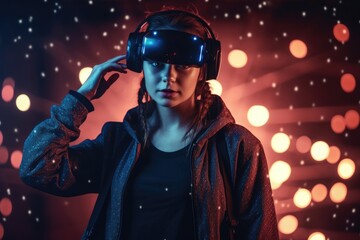 Photo of a woman with a VR headset standing in front of a glowing background with a sparkling futuristic scene.
