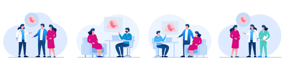 Fototapeta na wymiar Pregnant woman visits her gynecologist in the medical office. Doctor talks with woman expecting a baby. Consultation and check up during pregnancy concept. Vector illustration