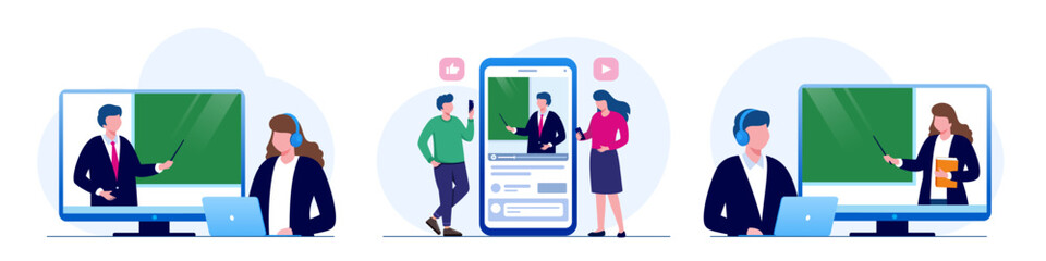 E-learning banner. Online education, home schooling. Modern workplace, teacher on laptop screen, people watching online course. Web courses or tutorials concept. Education concept. Vector illustration