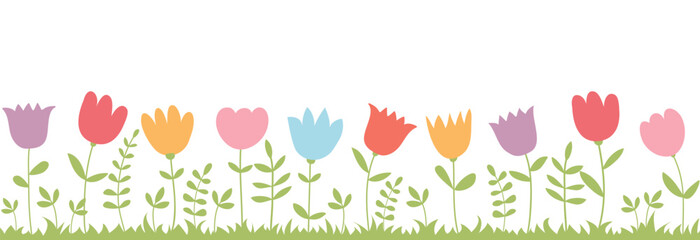 Background with flowers. Horizontal vector illustration of blooming tulips, plants and grass. Spring garden.