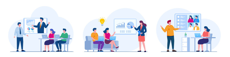 People makes a presentation of a project by showing charts on a flipchart and showing a laptop. Brainstorming. Flat vector illustration of business presentation concept.