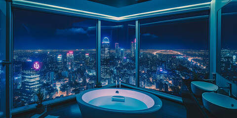 A detailed image of a modern bathroom, illuminated by LED strips, with large windows overlooking the greatest city view of skyscrapers - Generative AI