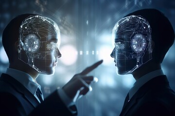 Illustrated head surrounded by neon lines and networks represents dynamic AI learning. Futuristic design showcases AI's potential, perfect for technology and science concepts. AI Generative