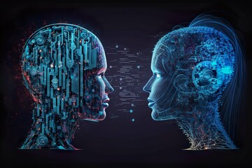 Illustrated head surrounded by neon lines and networks represents dynamic AI learning. Futuristic design showcases AI's potential, perfect for technology and science concepts. AI Generative