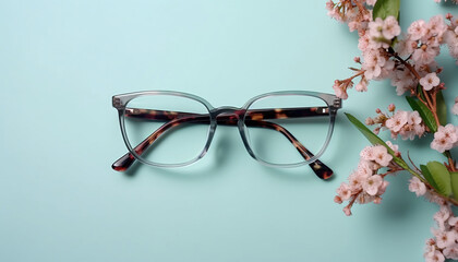 Frame of glasses of square shape on on a pastel turquoise background and flowers top view. Generative AI