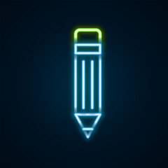 Glowing neon line Pencil with eraser icon isolated on black background. Drawing and educational tools. School office symbol. Colorful outline concept. Vector