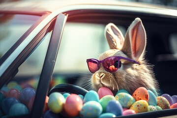 Fototapeta na wymiar a bunny wearing sunglasses sitting in a car with eggs in the back seat. generative ai