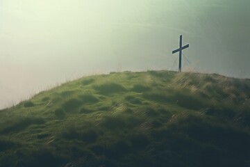 Fototapeta na wymiar a cross sitting on top of a hill covered in grass. generative ai