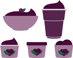 Acai berry, açaí, açai brazilian fruit ice cream in cup and pot. Colorful vector illustraion icon set.