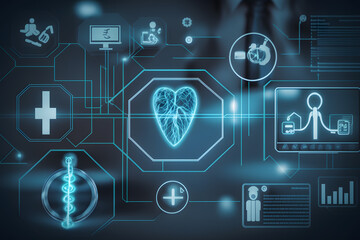 Fototapeta premium Medical icon network connection with modern virtual screen interface on hospital background, medicine technology network concept made with Generative AI