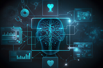 Medical icon network connection with modern virtual screen interface on hospital background, medicine technology network concept made with Generative AI