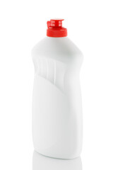 White plastic bottle with cap isolated on white background for liquid detergent laundry or cleaning agent. White bottle with red covers.