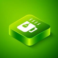 Isometric Cup of tea with tea bag icon isolated on green background. Green square button. Vector