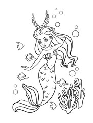 Beautiful little mermaid coloring page on white background. Coloring book for children
