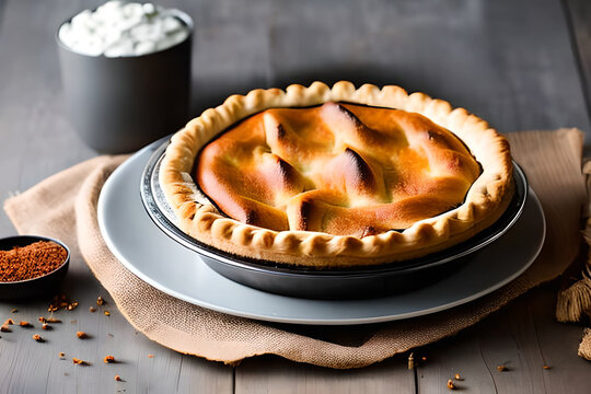Apple pie in a table aesthetic studio shoot for commercial marketing and promotion. Generative AI.