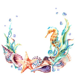 Fototapeta na wymiar A frame made of marine animals. Seahorse, shell, starfish, algae, bubbles, pearls. Watercolor illustration on an isolated background.