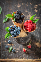 Delicious and sweet berries in waffels as ice cream concept