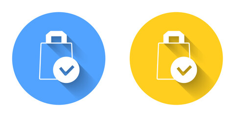 White Paper shopping bag icon isolated with long shadow background. Package sign. Circle button. Vector