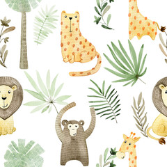 Watercolor seamless pattern with cute safari animals. Exotic wallpaper for fabric, wrapping paper, etc © Tapilipa