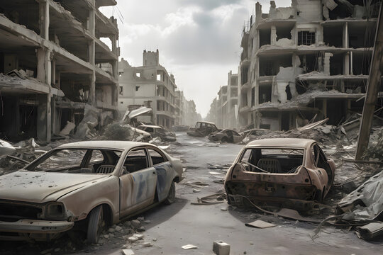 A destroyed cars stands among the ruins of houses in a war-torn city, Generative AI