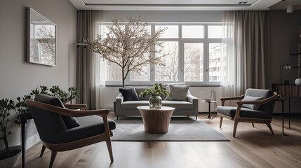 Interior of modern living room with soft armchair, table and tree branches. Generative Ai