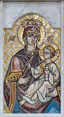 Fototapeta premium Beautiful Mosaic icon of the Mother of God with Jesus Christ in the iconostasis of the Orthodox Church