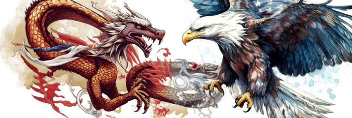 American eagle and Chinese dragon with corresponding country flags. Concept for economic trade. Generative AI