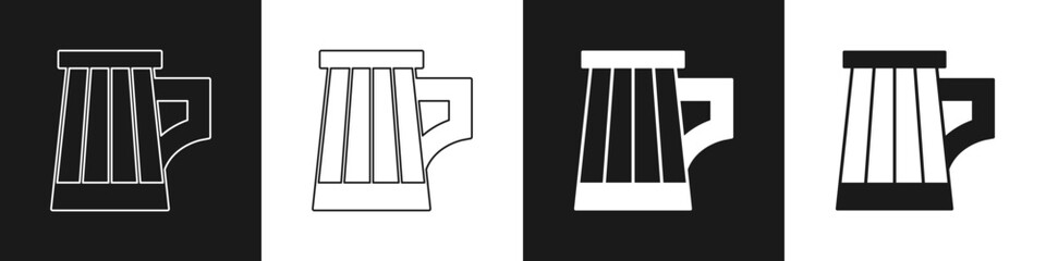 Set Wooden beer mug icon isolated on black and white background. Vector
