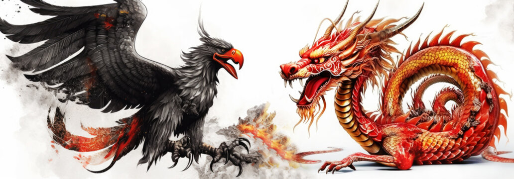 American eagle and Chinese dragon. Concept for economic trade. Generative AI