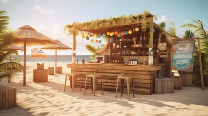 Fototapeta premium Beach bar at summer photo, cocktail bar. Generative AI