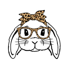 Cute Rabbit Line Art. Lop Bunny With Leopard Bandana and glasses. Easter Bunny. Bunny sketch vector illustration. Good for posters, t shirts, postcards.