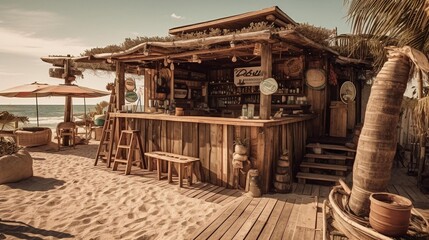 Fototapeta na wymiar Beach bar at summer photo, cocktail bar. Generative AI