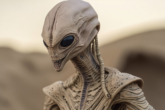 Strange pale alien in a desert landscape.. AI generated.