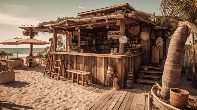 Beach bar at summer photo, cocktail bar. Generative AI