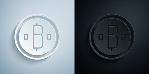 Paper cut Cryptocurrency coin Bitcoin icon isolated on grey and black background. Physical bit coin. Blockchain based secure crypto currency. Paper art style. Vector