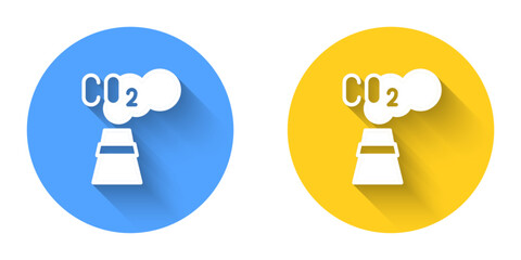 White CO2 emissions in cloud icon isolated with long shadow background. Carbon dioxide formula, smog pollution concept, environment concept. Circle button. Vector