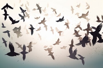 Fototapeta na wymiar a flock of birds flying in the sky with the sun behind them. generative ai