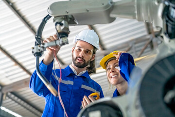 Industry 4.0: Engineer Monitoring Robotics Welding in Intelligent Factory. Digital manufacturing operation.