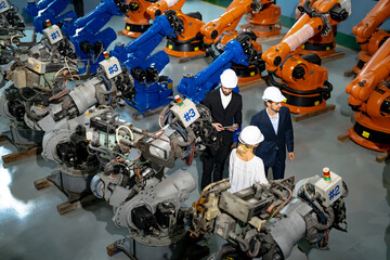 Industry 4.0: Engineer Monitoring Robotics Welding in Intelligent Factory. Digital manufacturing operation.