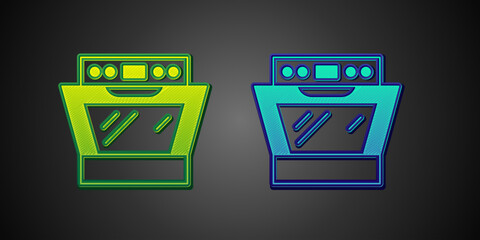 Green and blue Oven icon isolated on black background. Stove gas oven sign. Vector