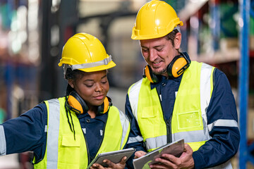 Warehouse workers checking the inventory. Products on inventory shelves storage. .Worker Doing Inventory in Warehouse. Dispatcher in uniform making inventory in storehouse. supply chain concept