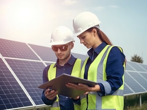 Pareja joven de ingenieros trabajando junto a unos paneles solares, vestidos con ropa de seguridad y casco. Ia Generativa.
