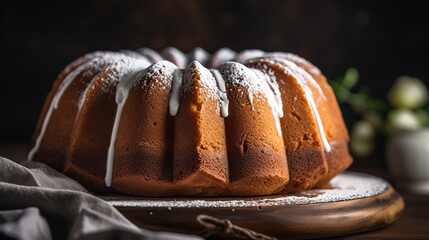 Homemade vanilla bundt cake on white wooden background. Generative Ai